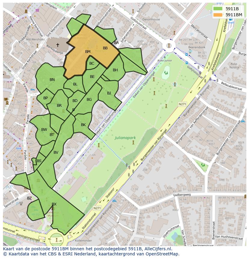 Afbeelding van het postcodegebied 5911 BM op de kaart.
