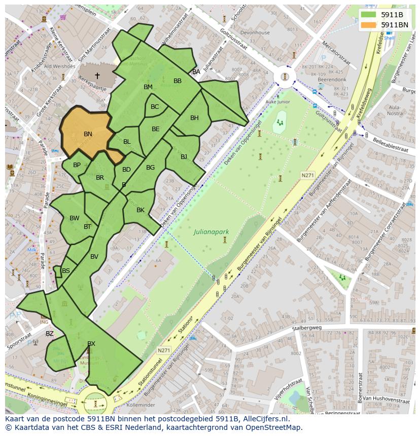 Afbeelding van het postcodegebied 5911 BN op de kaart.