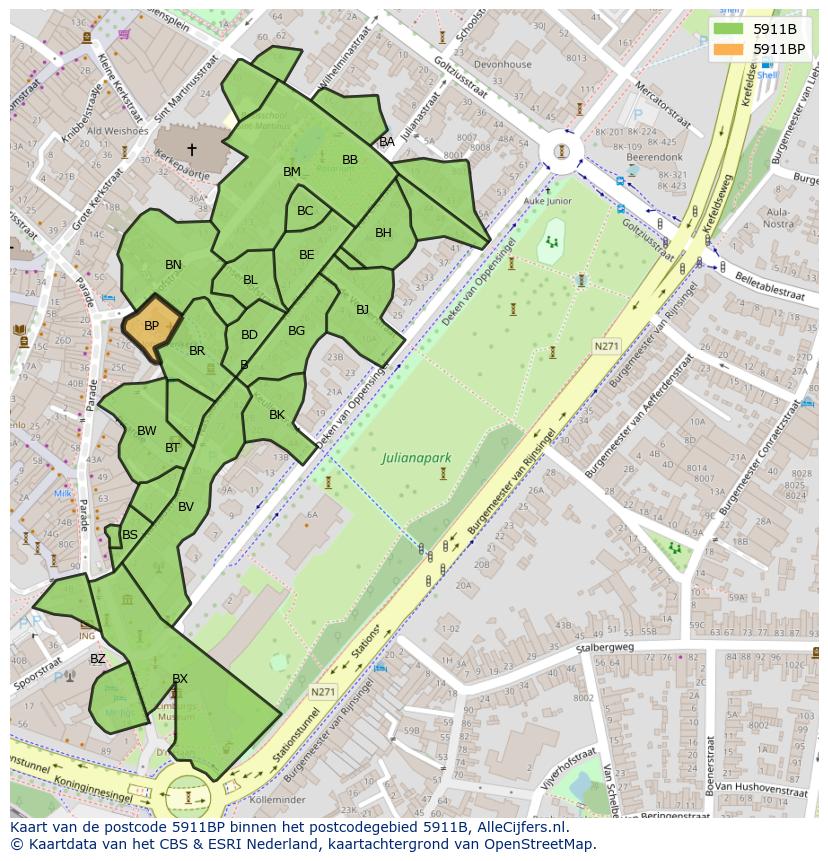 Afbeelding van het postcodegebied 5911 BP op de kaart.