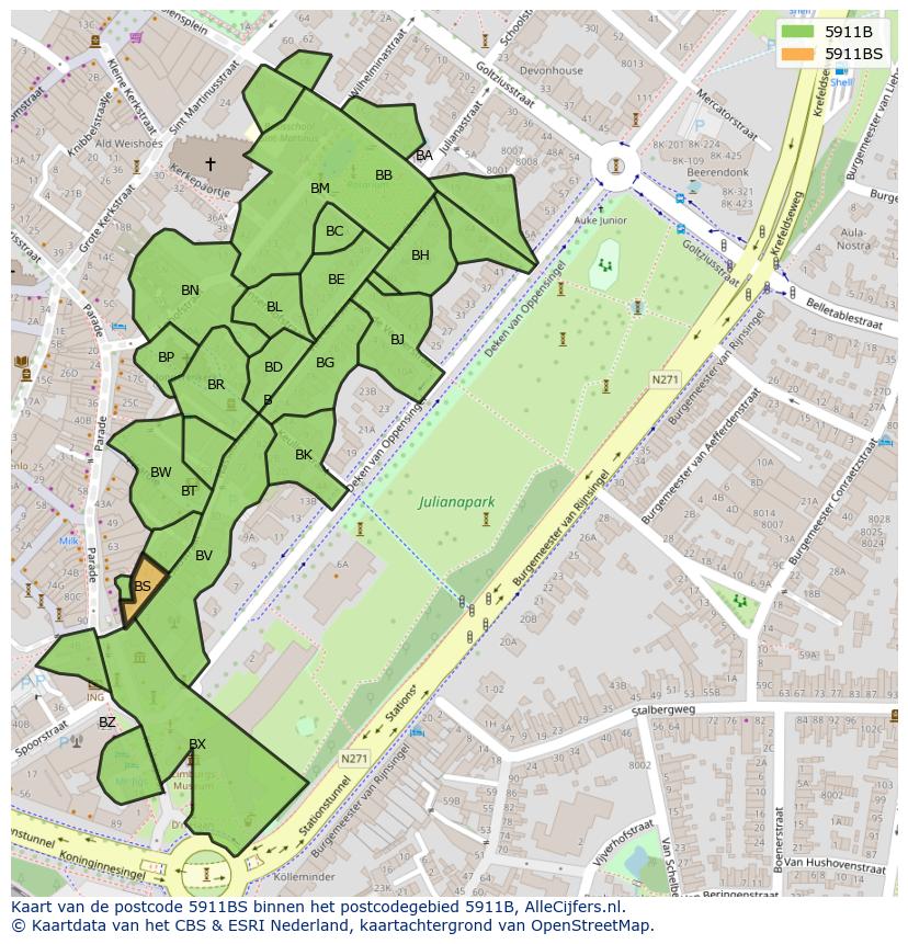 Afbeelding van het postcodegebied 5911 BS op de kaart.