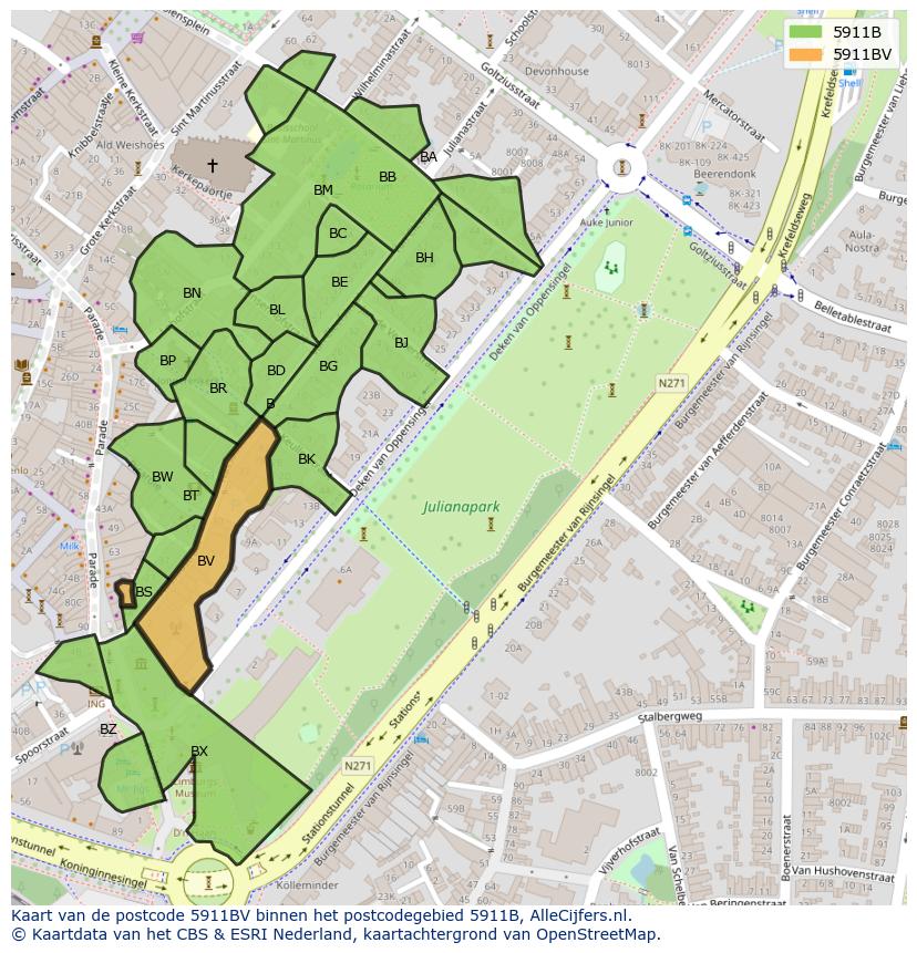 Afbeelding van het postcodegebied 5911 BV op de kaart.