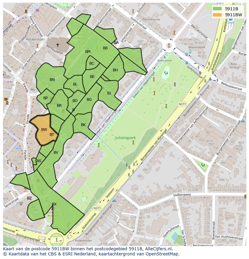 Afbeelding van het postcodegebied 5911 BW op de kaart.