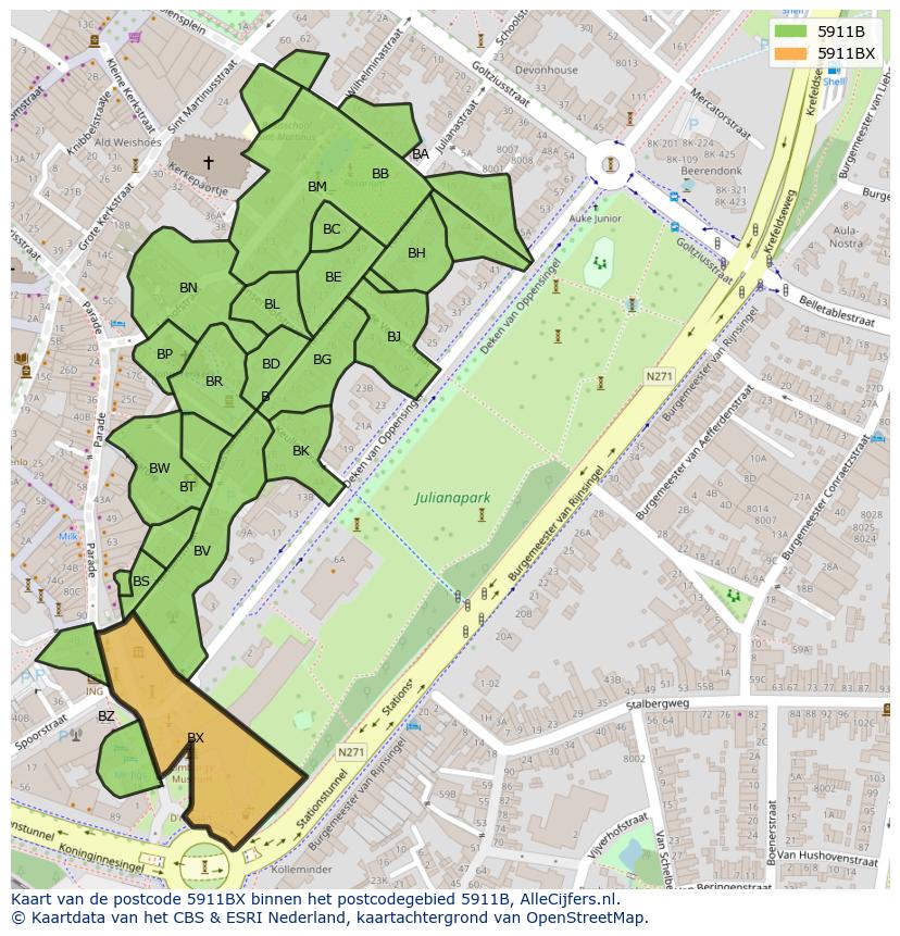 Afbeelding van het postcodegebied 5911 BX op de kaart.
