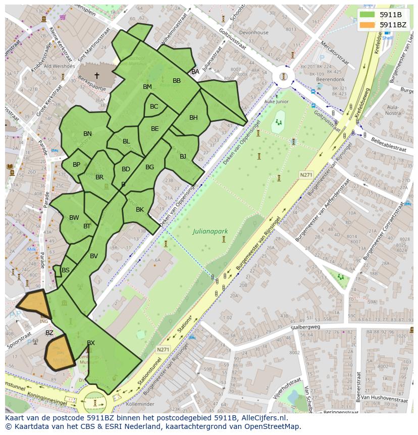 Afbeelding van het postcodegebied 5911 BZ op de kaart.