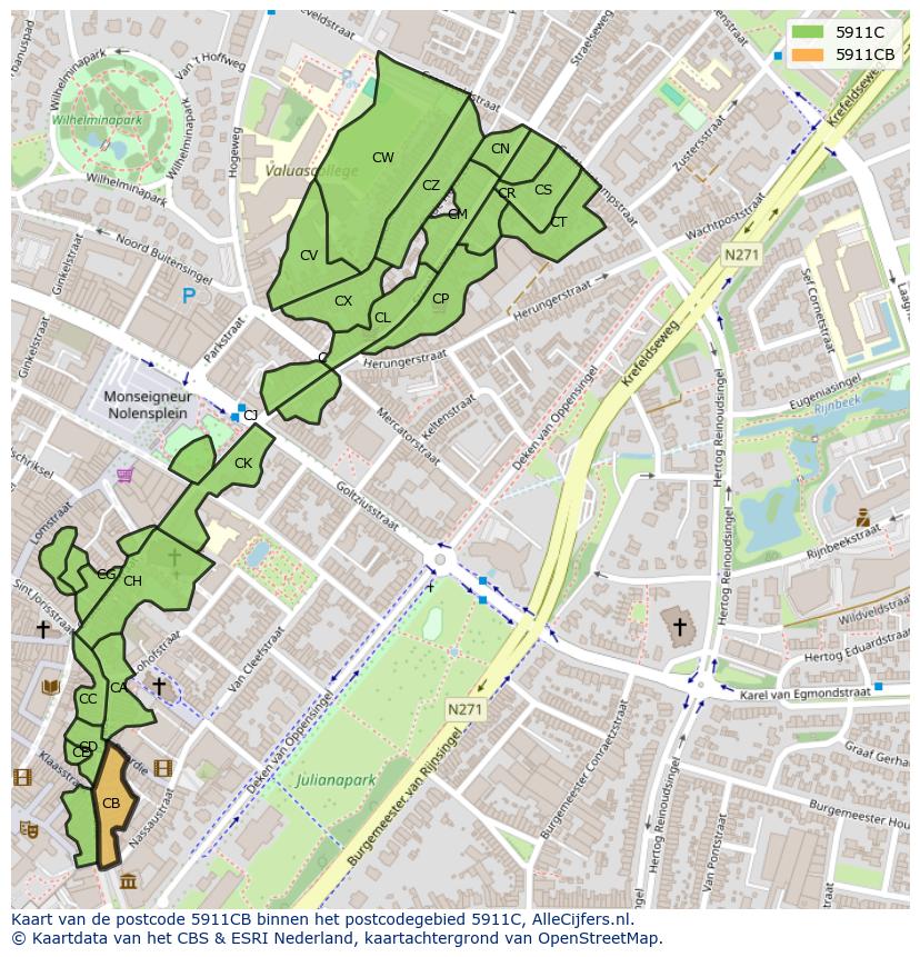 Afbeelding van het postcodegebied 5911 CB op de kaart.