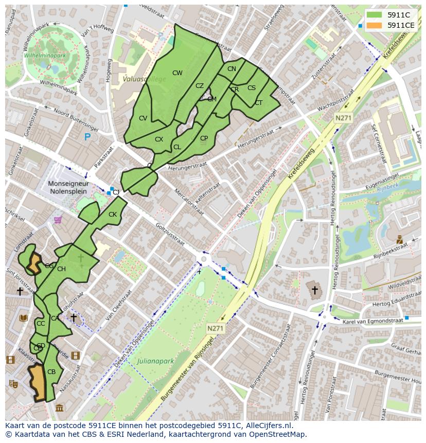 Afbeelding van het postcodegebied 5911 CE op de kaart.