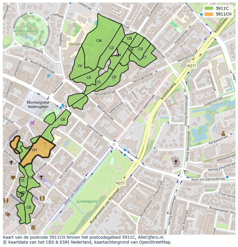 Afbeelding van het postcodegebied 5911 CH op de kaart.