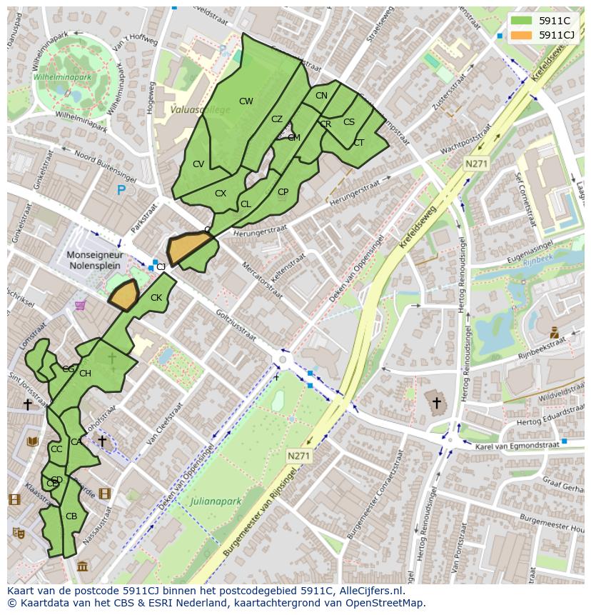 Afbeelding van het postcodegebied 5911 CJ op de kaart.