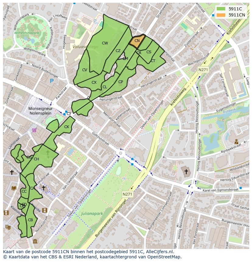 Afbeelding van het postcodegebied 5911 CN op de kaart.