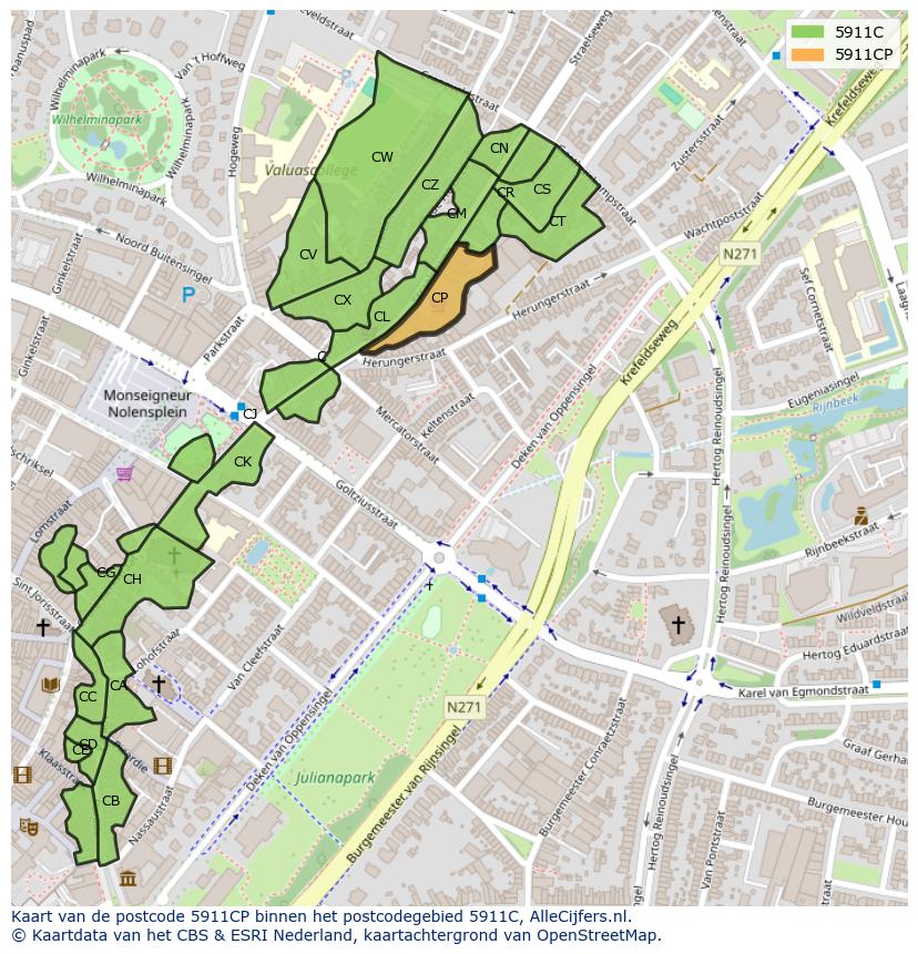 Afbeelding van het postcodegebied 5911 CP op de kaart.
