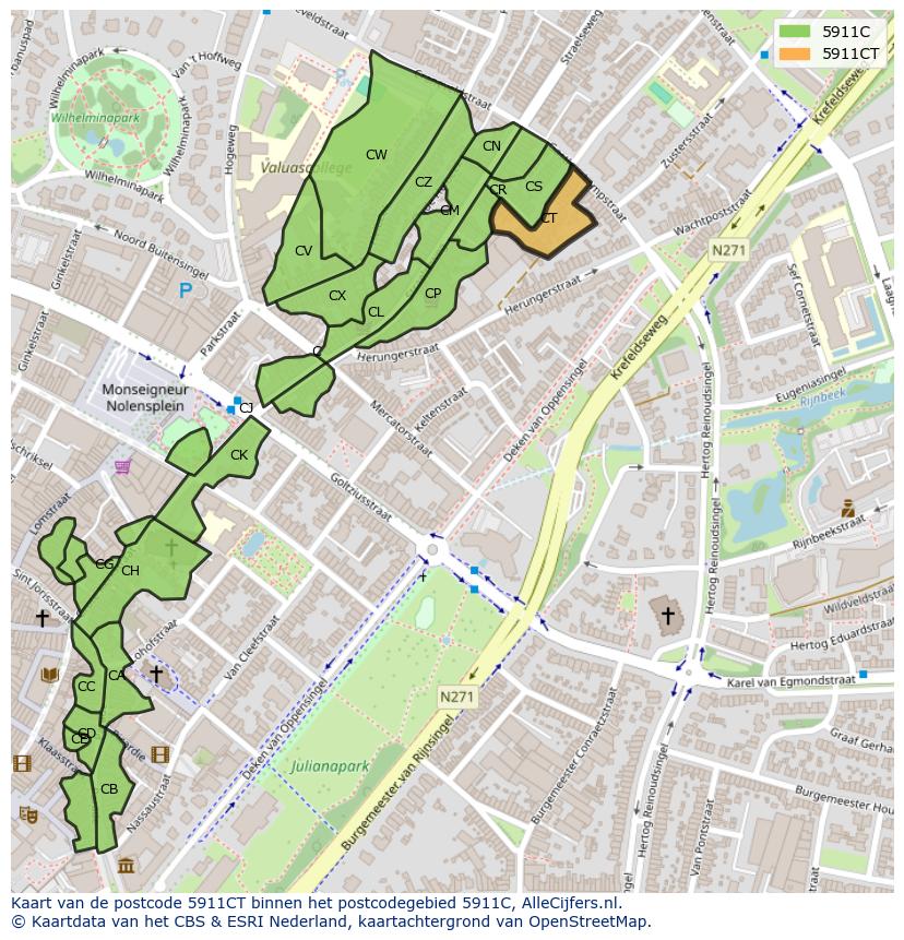 Afbeelding van het postcodegebied 5911 CT op de kaart.