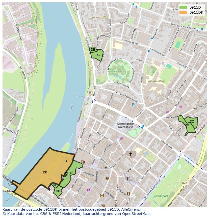 Afbeelding van het postcodegebied 5911 DK op de kaart.