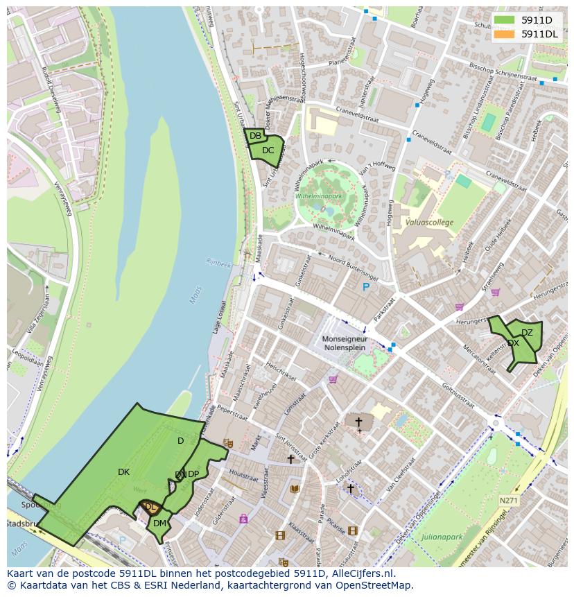 Afbeelding van het postcodegebied 5911 DL op de kaart.