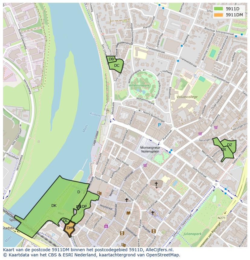 Afbeelding van het postcodegebied 5911 DM op de kaart.