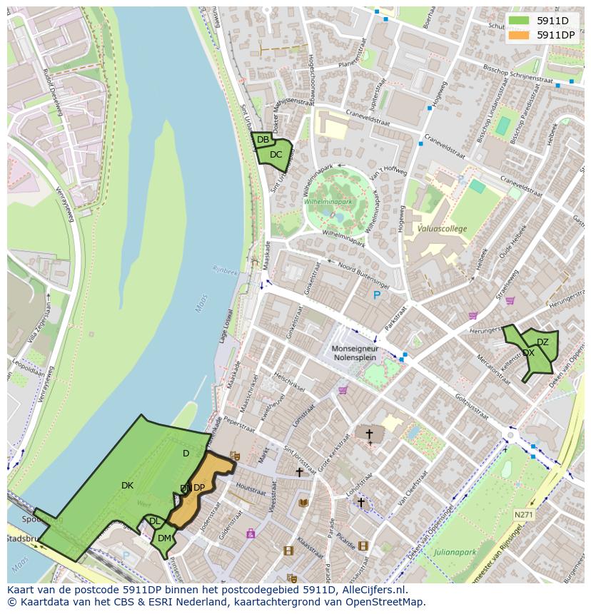Afbeelding van het postcodegebied 5911 DP op de kaart.
