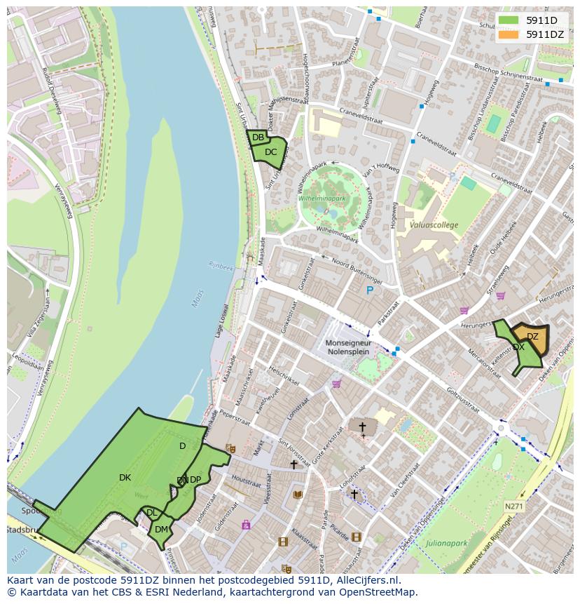 Afbeelding van het postcodegebied 5911 DZ op de kaart.