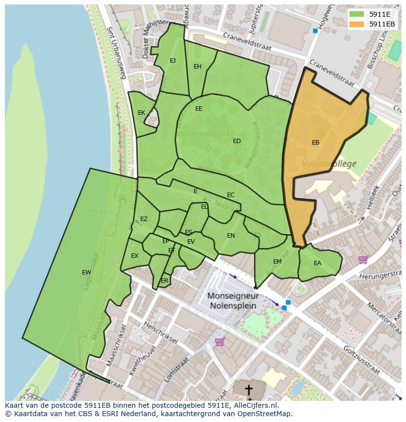 Afbeelding van het postcodegebied 5911 EB op de kaart.