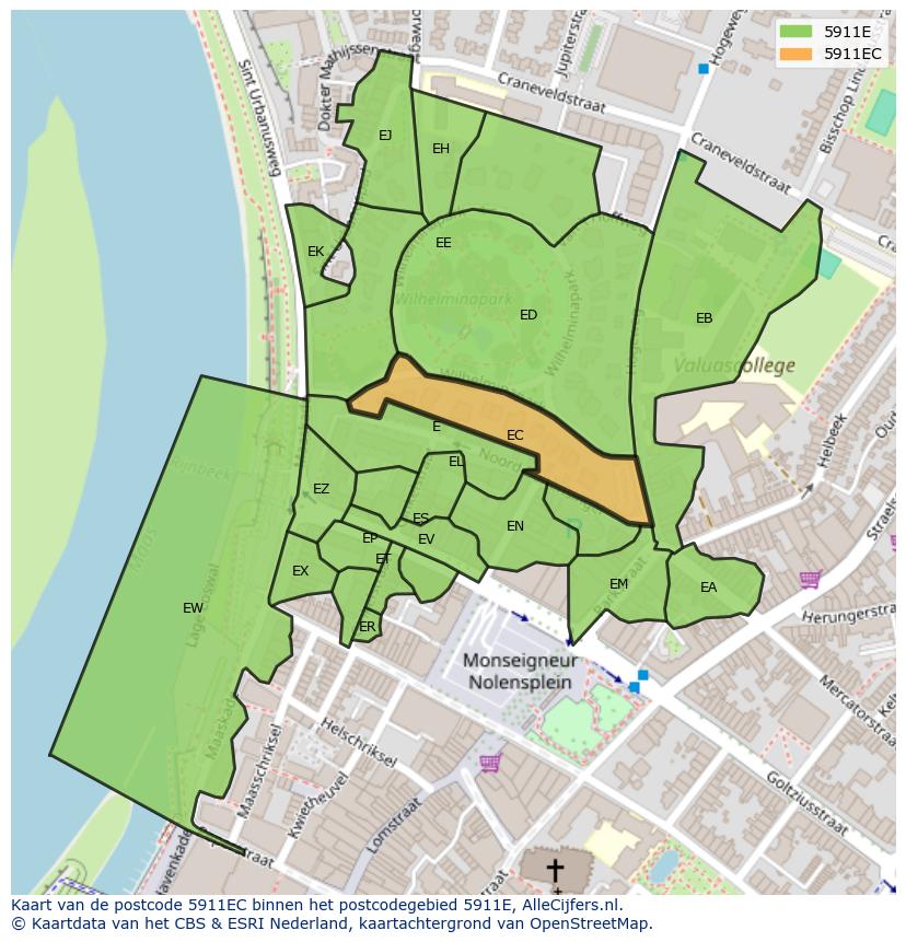 Afbeelding van het postcodegebied 5911 EC op de kaart.