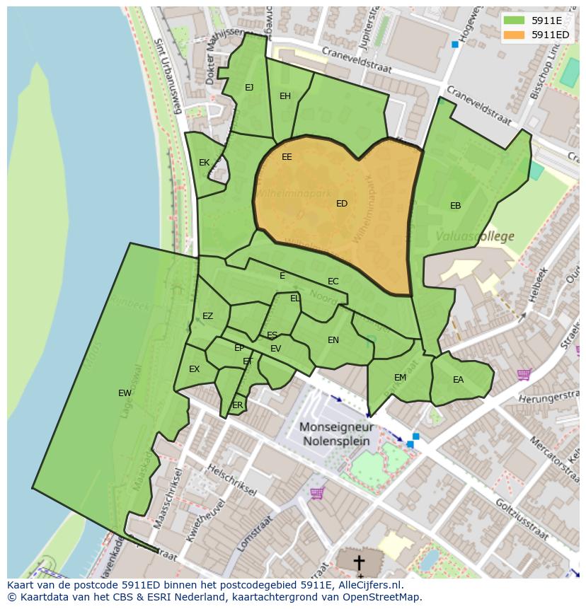 Afbeelding van het postcodegebied 5911 ED op de kaart.