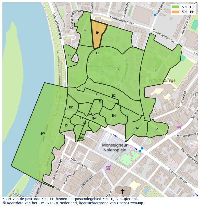 Afbeelding van het postcodegebied 5911 EH op de kaart.