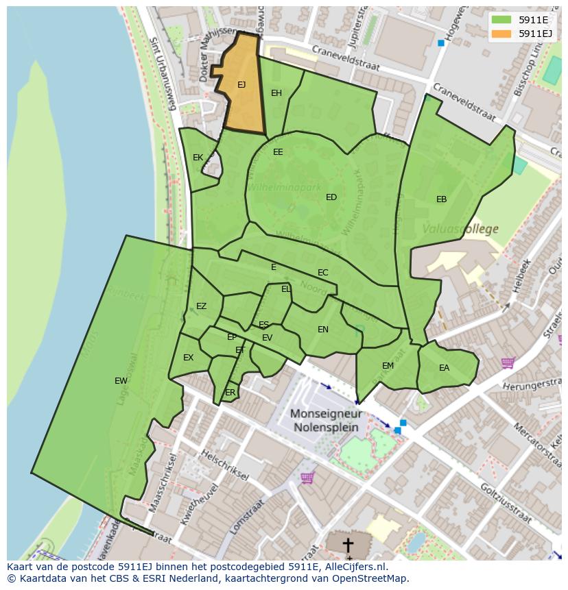 Afbeelding van het postcodegebied 5911 EJ op de kaart.