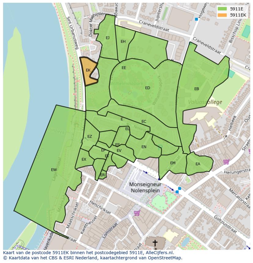 Afbeelding van het postcodegebied 5911 EK op de kaart.