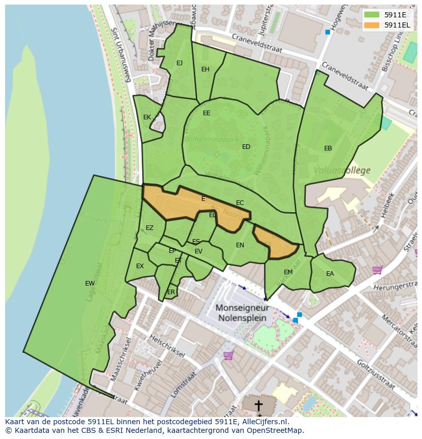 Afbeelding van het postcodegebied 5911 EL op de kaart.