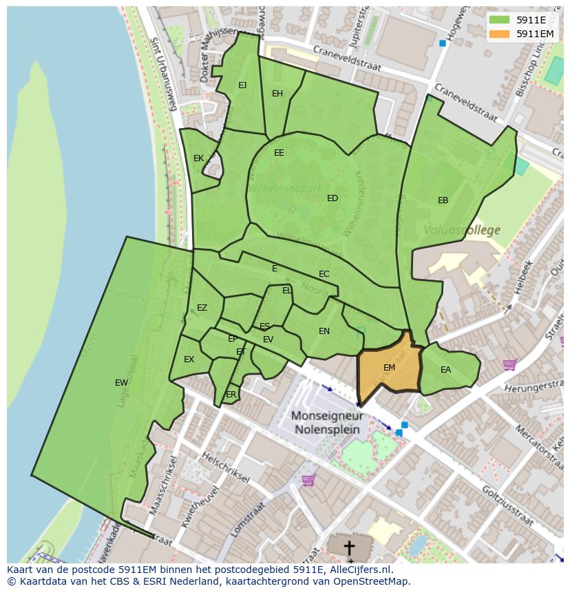 Afbeelding van het postcodegebied 5911 EM op de kaart.