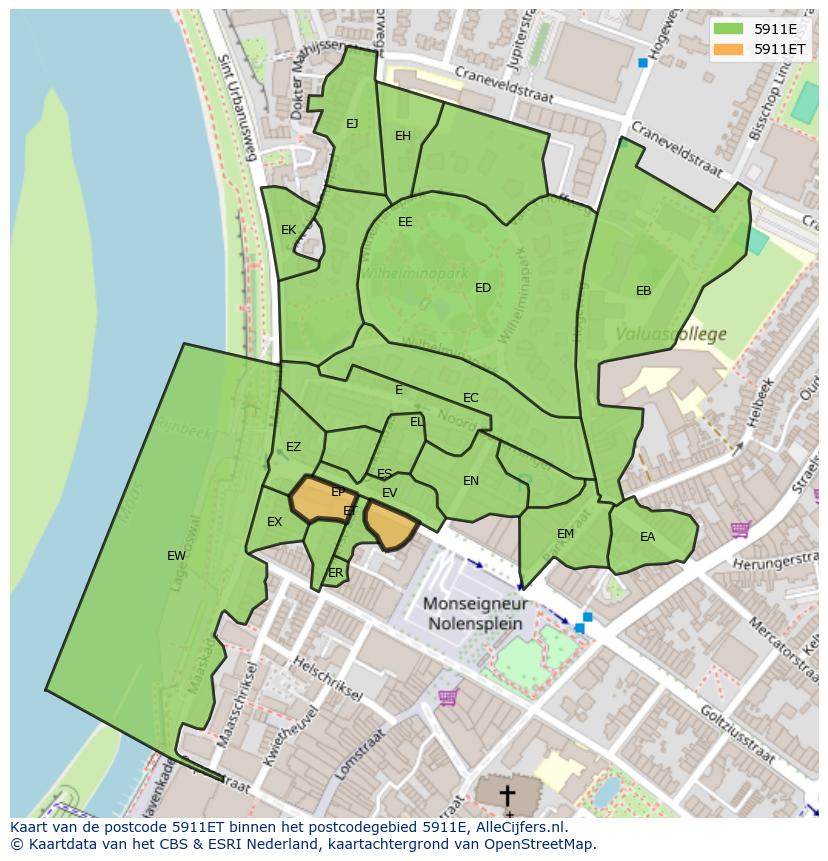 Afbeelding van het postcodegebied 5911 ET op de kaart.