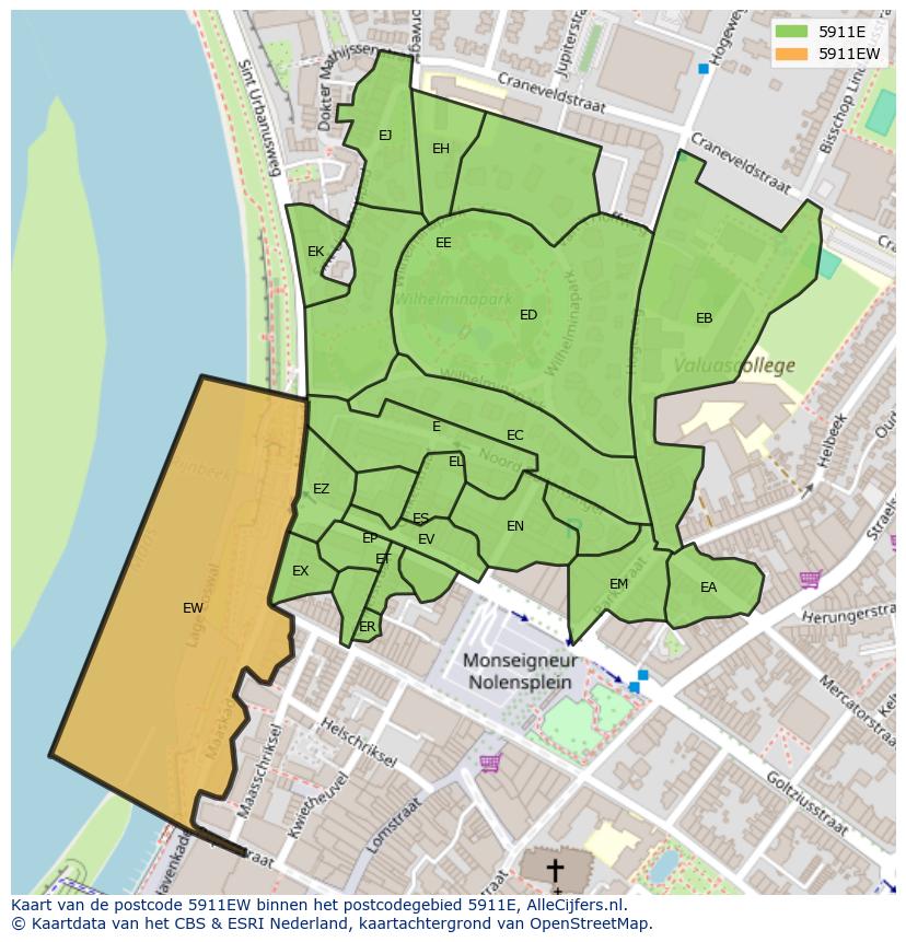 Afbeelding van het postcodegebied 5911 EW op de kaart.