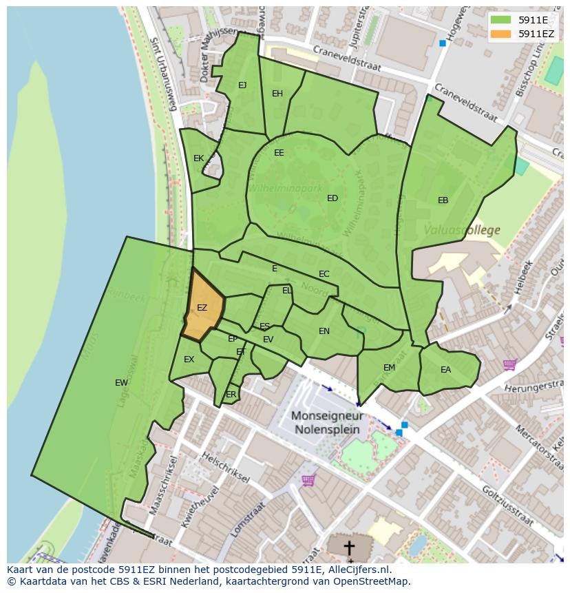 Afbeelding van het postcodegebied 5911 EZ op de kaart.