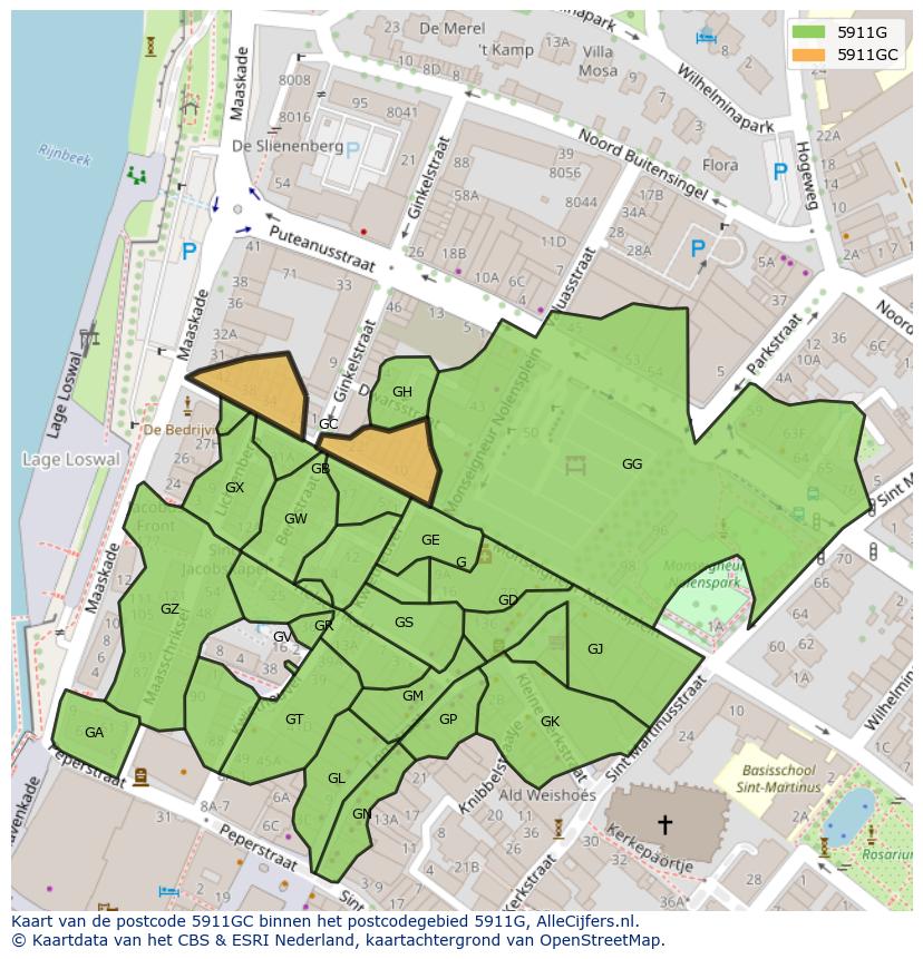 Afbeelding van het postcodegebied 5911 GC op de kaart.
