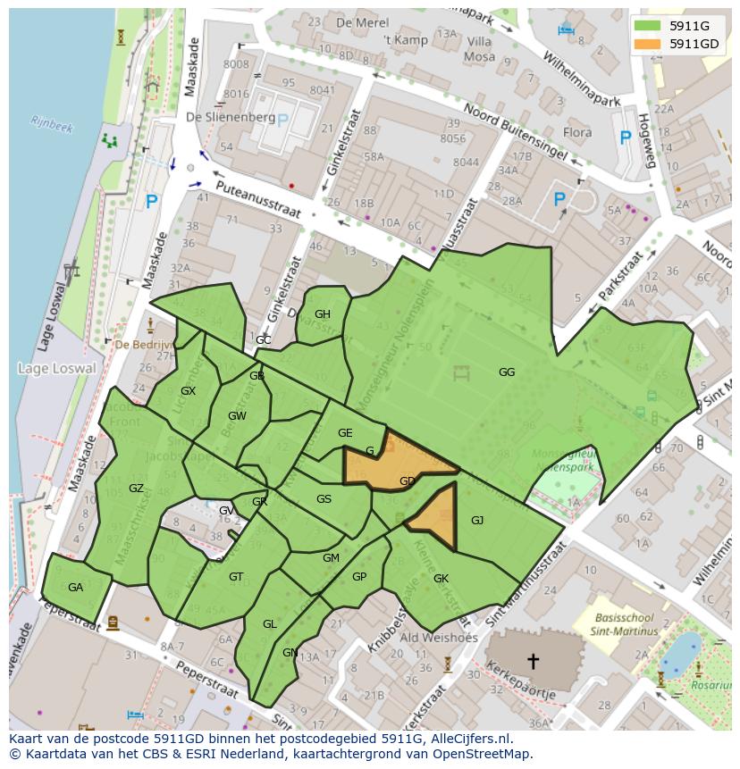 Afbeelding van het postcodegebied 5911 GD op de kaart.