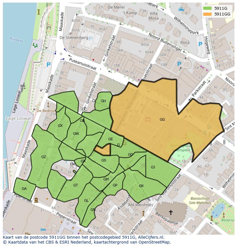Afbeelding van het postcodegebied 5911 GG op de kaart.