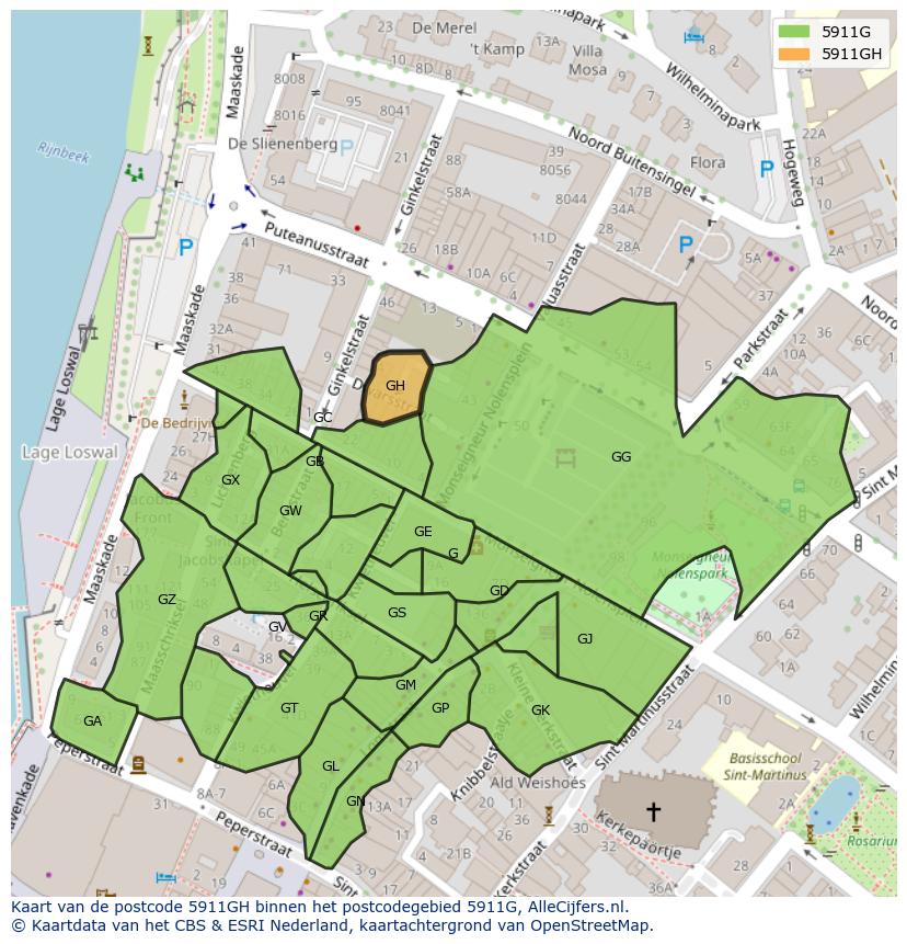 Afbeelding van het postcodegebied 5911 GH op de kaart.