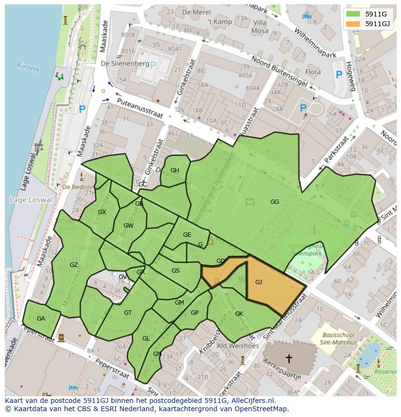 Afbeelding van het postcodegebied 5911 GJ op de kaart.