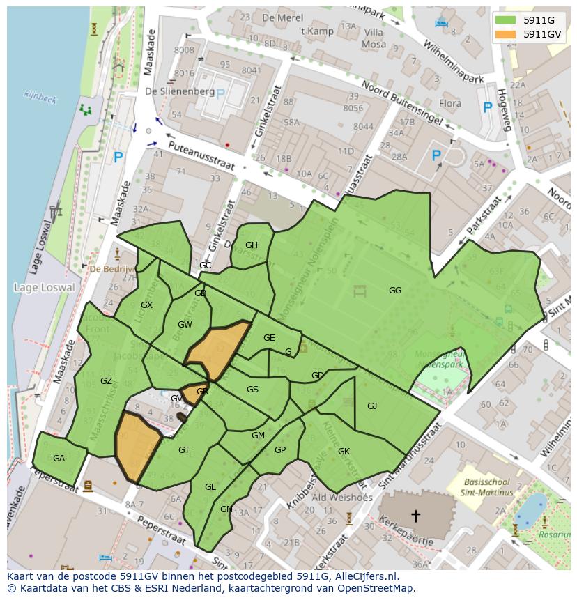 Afbeelding van het postcodegebied 5911 GV op de kaart.