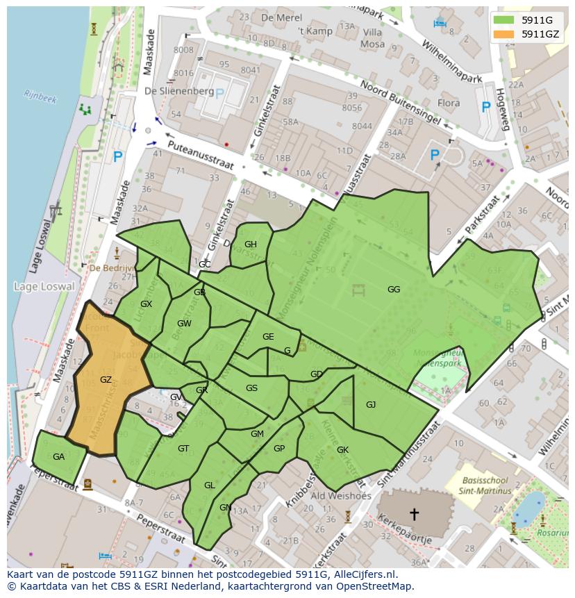 Afbeelding van het postcodegebied 5911 GZ op de kaart.