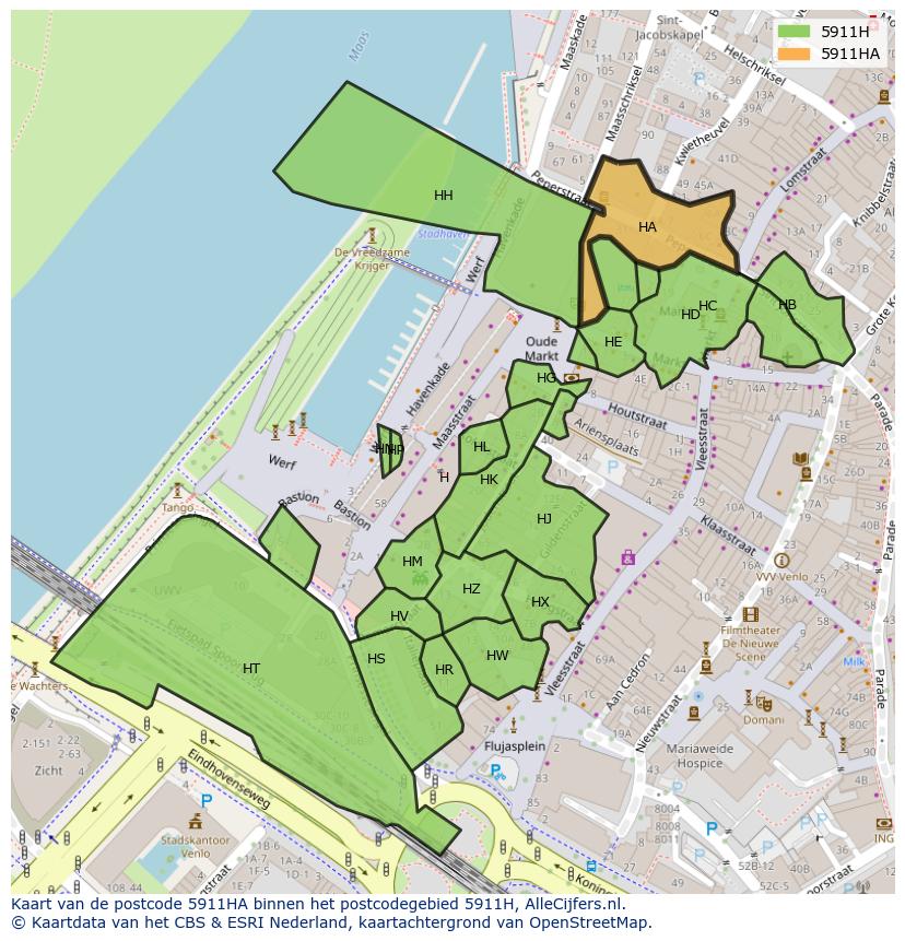 Afbeelding van het postcodegebied 5911 HA op de kaart.