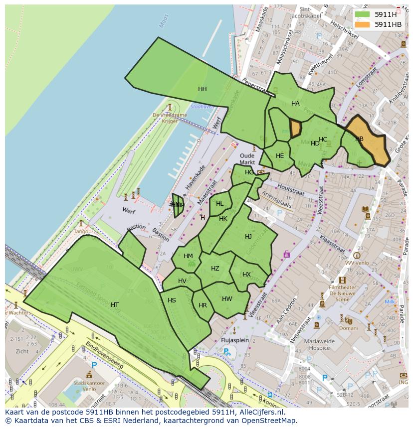 Afbeelding van het postcodegebied 5911 HB op de kaart.