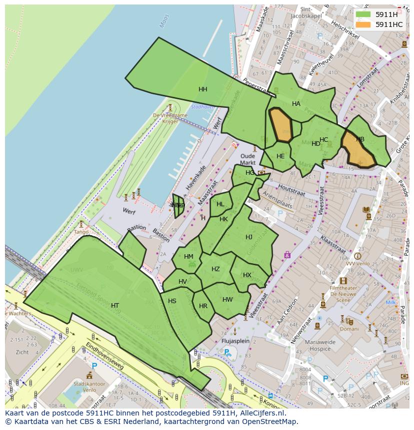 Afbeelding van het postcodegebied 5911 HC op de kaart.