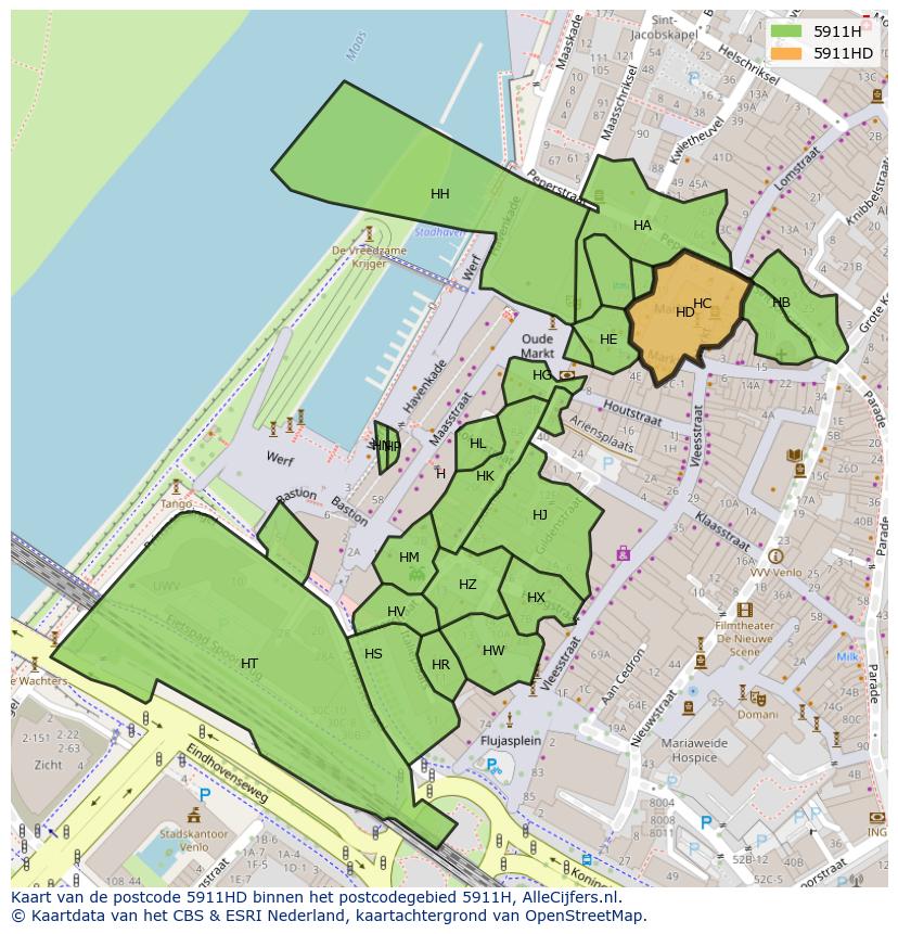 Afbeelding van het postcodegebied 5911 HD op de kaart.
