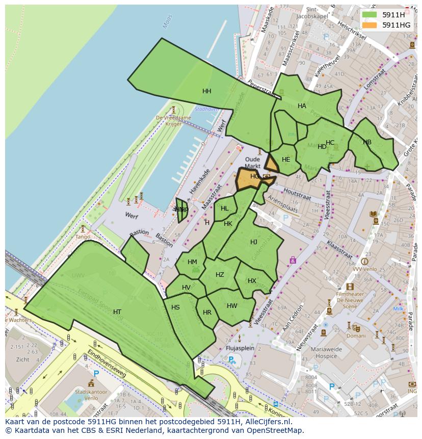 Afbeelding van het postcodegebied 5911 HG op de kaart.
