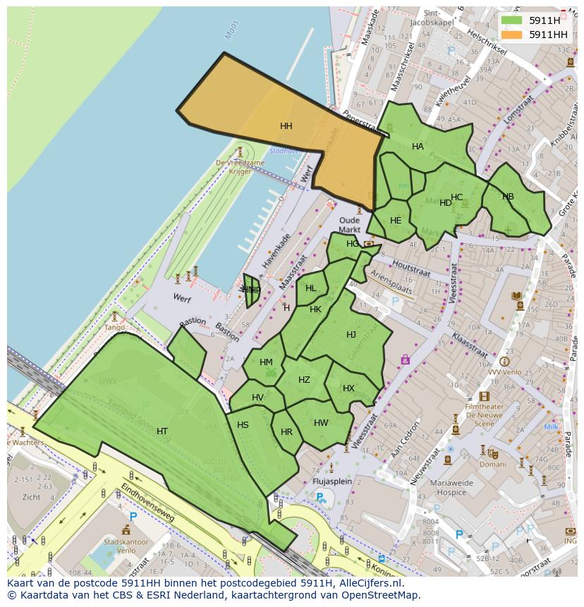 Afbeelding van het postcodegebied 5911 HH op de kaart.