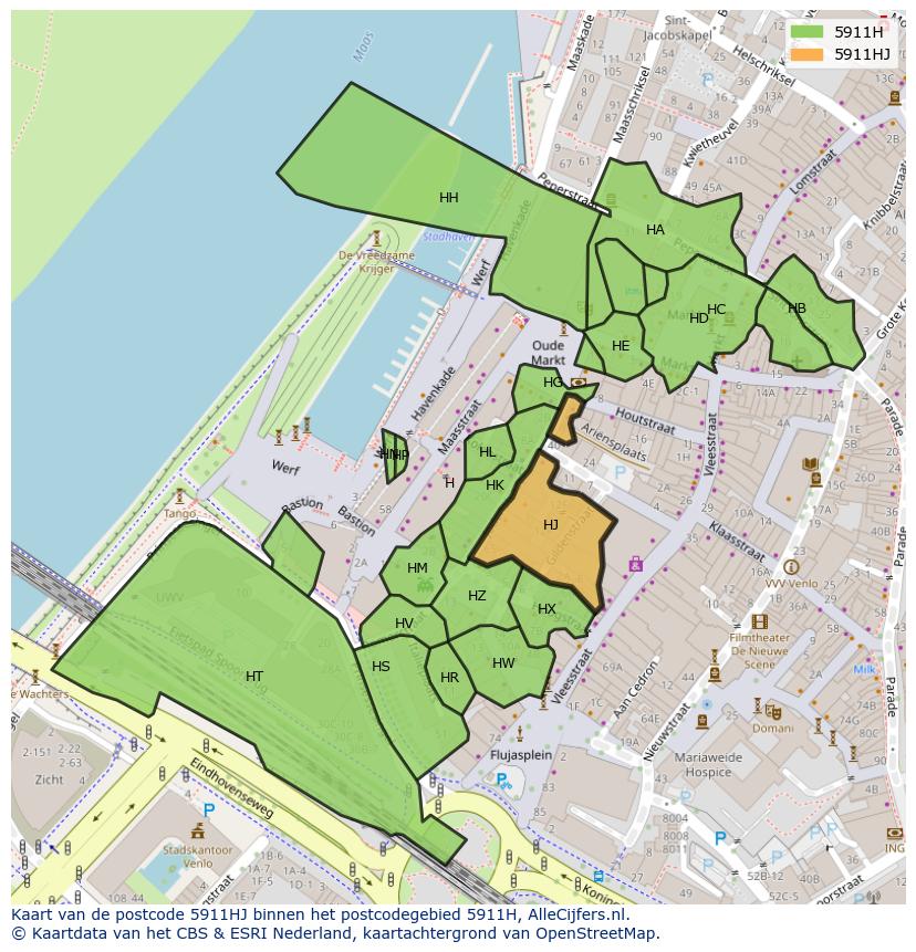 Afbeelding van het postcodegebied 5911 HJ op de kaart.