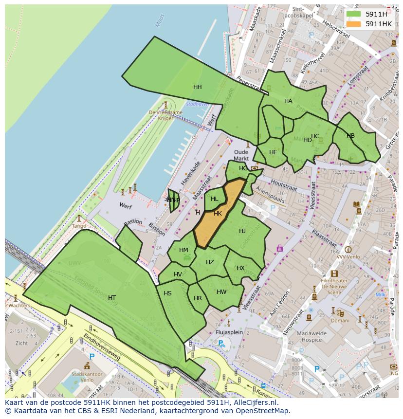 Afbeelding van het postcodegebied 5911 HK op de kaart.