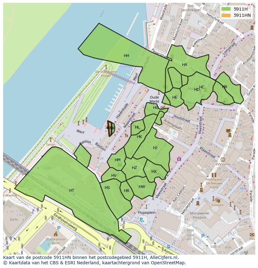 Afbeelding van het postcodegebied 5911 HN op de kaart.