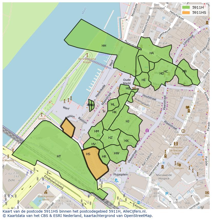 Afbeelding van het postcodegebied 5911 HS op de kaart.