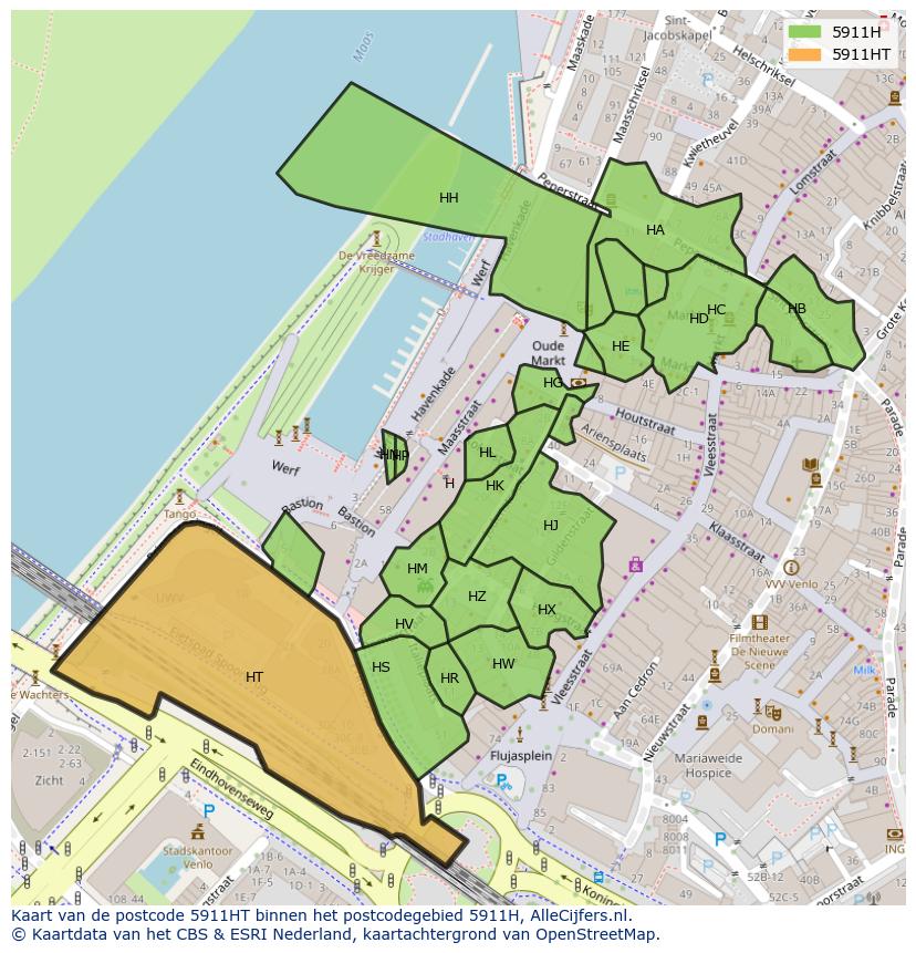 Afbeelding van het postcodegebied 5911 HT op de kaart.