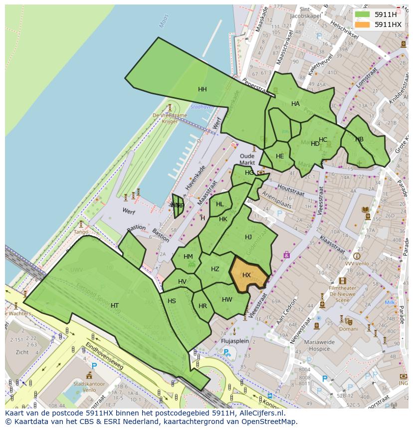 Afbeelding van het postcodegebied 5911 HX op de kaart.